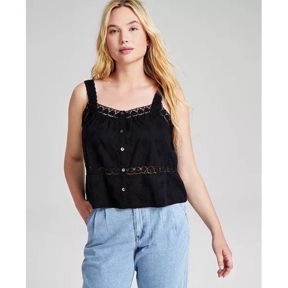 And Now This Women's Woven Crochet Tank Top Die Size Medium Black